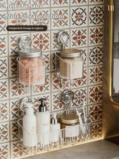 免钻孔吸盘式置物架，浴室壁挂式储物架带挂钩，洗漱用品收纳盒