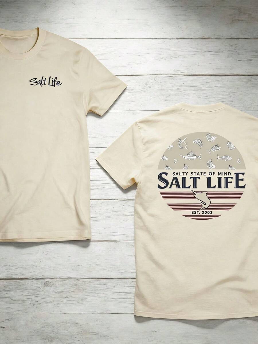 The "Salt Life" T-Shirt, Featuring A Print Of Near-Shore Fish, Is Ideal For Ocean Lovers And Beach Adventurers. - 杏色 - 查看 1