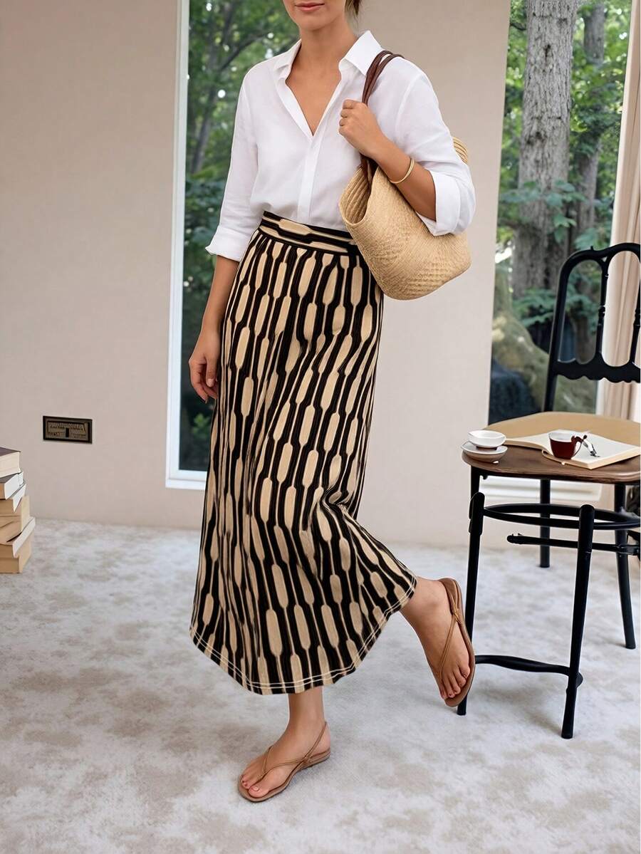 2026 New Jacquard Vintage Style Lightweight Breathable Fabric Skirt, Versatile For Outings, Casual, Home, Travel, Work, Wedding, Party, Beach, Daily Wear [2026 Valentine's Day Limited Edition] Spring/Summer Geometric Jacquard Minimalist Long Dress, Soft Minimalism Relaxed Fit High Waist A-Line Silhouette, Commute, Date, City Walk Vacation - Khaki - View 1