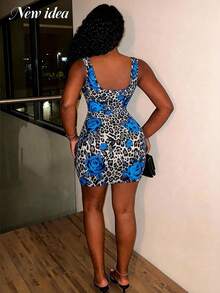 Women's Sexy Leopard Floral Bodycon Mini Dress, Low-Cut Spaghetti Strap Fitted Design, Suitable For Spring/Summer Party, Date, Club Wear - Blue - View 3