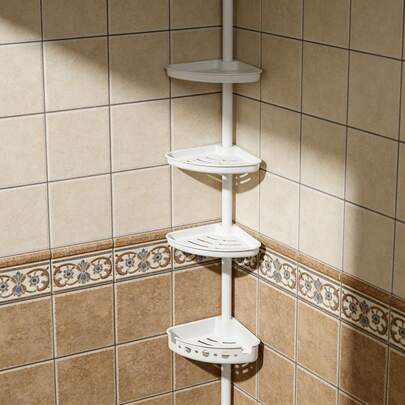 Mainstays Adjustable Tension Steel Shower Pole Caddy, 3 Shelves, White, 60" - 96"
