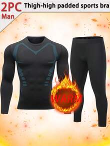 Two Piece Boyfriend Style Men's Set, Men's Compression Set, Quick Drying Fitness Set, Wool Lined Leggings And Pants, Long Sleeved Exercise Training Set, Sports Bra And Leggings, Suitable For Gym Wear, Boyfriend Gift Selection - Black - View 2
