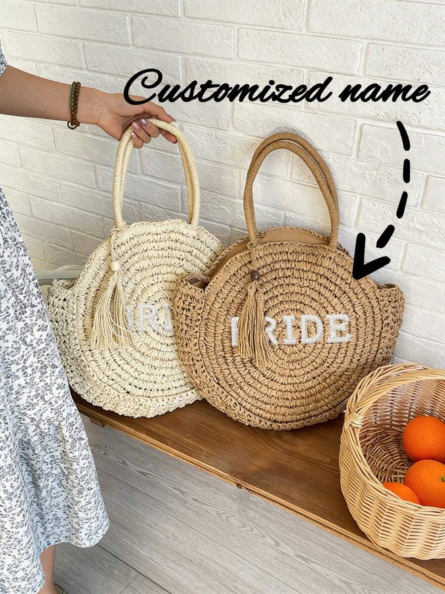 Handmade Bohemian Style Round Straw Beach Tote Bag - Customizable, Suitable For Honeymoon Travel, Swimming Time And Beach Vacation - Multicolor - View 1