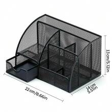 1 pieza Organizador de escritorio multifuncional de malla metálica, color negro clásico con 6 compartimentos y 1 cajón, organizador de útiles de oficina para el hogar y la escuela - Negro - Ver 4