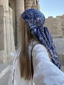 1条女士波西米亚风佩斯利印花方巾，休闲防晒头巾披肩，适合日常佩戴、春夏、海滩、度假 - 藏蓝色 - 查看 1