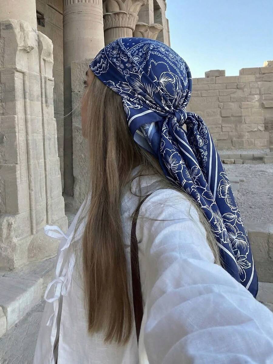 1条女士波西米亚风佩斯利印花方巾,休闲防晒头巾披肩,适合日常佩戴、春夏、海滩、度假 - 藏蓝色 - 查看 1