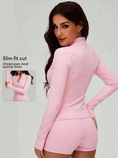 Women's Outdoor Hiking Sports Long Sleeve Tops Casual Fitness Yoga Zip Up Jacket With Thumb Holes Running Athletic Training Active Sportswear