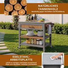 Garden Cabinet With Wheels And Stainless Steel Worktop – Mobile Tool Cabinet With Drawer And Shelf, Weatherproof Sideboard With Double Shelf And Towel Rack, Barbecue Station - Natural - View 7