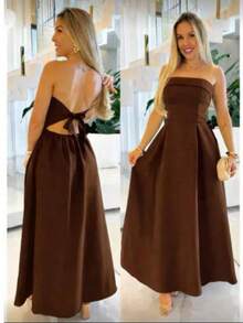 Elegant Strapless Tailored Dress - Rỉ Nâu - Xem 2
