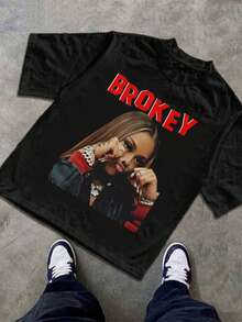 Tween Girl Cotten Clothes,Y2K-Inspired Letter Print T-Shirt - Casual Crew Neck, Short Sleeve, Machine Washable - Perfect For Spring/Summer/Fall,Fashion, Streetwear, Unisex, Men, Women - 黑色 - 查看 4