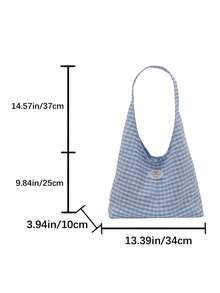 Stylish Casual Contrast Plaid Canvas Tote Bag, Large Capacity Commuter Personalized Lightweight Shoulder Bag - Blue - View 9