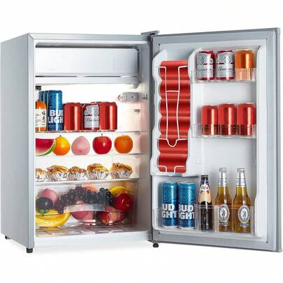 Refrigerador compacto portátil, 4.3 Cu.Ft. Mini frigorífico de una sola puerta con congelador, 2 estantes de vidrio deslizables, enfriador personal de 115V para el coche Oficina en el hogar Dormitorio Cuidado de la piel, gris