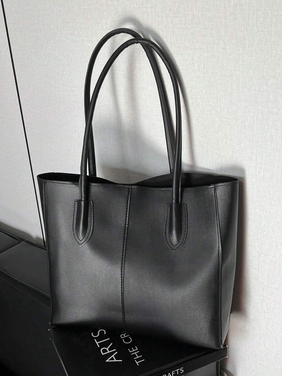 简约实用通勤手提包，底部铆钉设计，优质PU材质，大容量，适合日常使用和学生使用。 - 黑色 - 查看 1