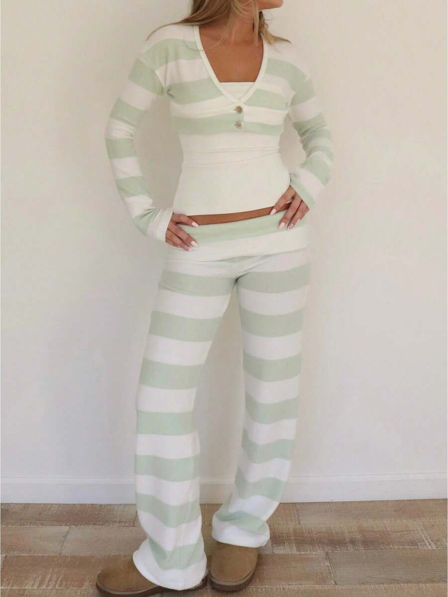 Women Y2k Striped Fold Over Pants Low Rise Yoga Pants Lounge Bottoms Color Block Wide Leg Flare Sweatpants - 薄荷綠 - 查看 1