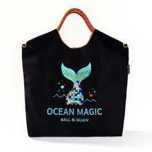 1pc New Fashion Embroidered Magic Ocean Pattern Foldable Nylon Tote Bag, Large Capacity, Adjustable Shoulder Strap, Suitable For Commuting, Party - Multicolor - View 6