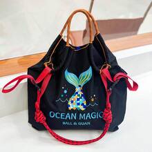 1pc New Fashion Embroidered Magic Ocean Pattern Foldable Nylon Tote Bag, Large Capacity, Adjustable Shoulder Strap, Suitable For Commuting, Party - Multicolor - View 8