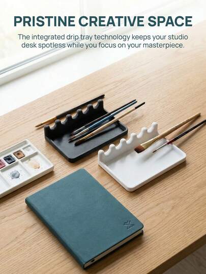Draagbare kwastenhouder met lekbak, ontwerp met lekbak aan de voorkant voor eenvoudige reiniging, voorkomt vlekken op het bureau, gemakkelijk mee te nemen, ruimtebesparend, geschikt voor aquarel-, acryl- en olieverfkwasten en andere kunstbenodigdheden.