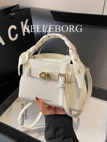 优雅石纹多功能女士手提包，带围巾 - 白色 - 查看 2