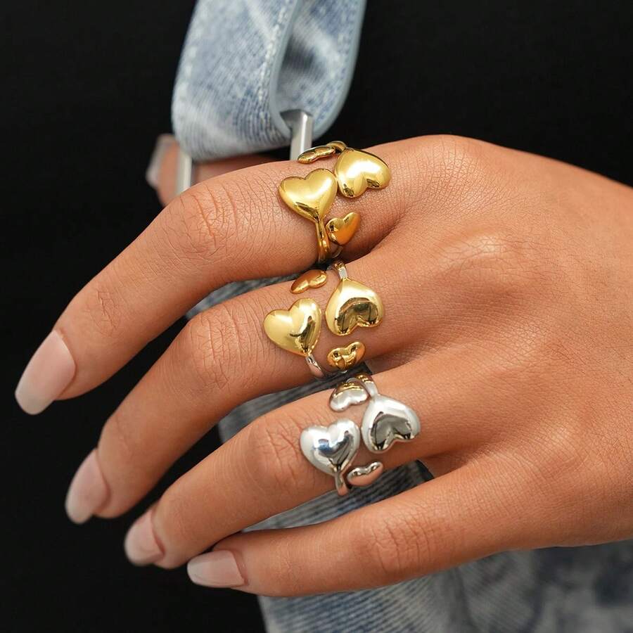 3pcs/Set 18K Gold Plated 304 Stainless Steel Dual-Tone Heart Stackable Rings, Polished Gold & Silver Open Rings, Fashionable Cute Personalized Rings, Women Daily Wear & Party Gift - Multicolor - View 1