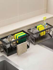 1pc Multifunctional Carbon Steel Kitchen Organizer Rack, Can Hold Sink Faucet Sponge Drainer, Kitchen Shelf, Sink Cloth Drainer, Detergent & Steel Wool Holder, No Drilling Installation, Can Hang Cleaning Cloth, Organize Cleaning Tools, Kitchen Accessories - Multicolor - View 13