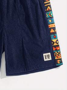 Summer Men's Textured Corduroy Patchwork Print Drawstring Shorts, Side Stripe Casual Loose Fit Breathable Streetwear Retro Shorts, Vertical Striped Textured Fabric - Blue - View 5