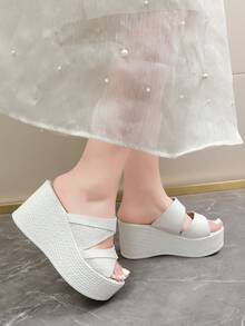 女士休闲白色压纹夏季拖鞋，交叉绑带设计，厚底坡跟，一脚蹬夏季拖鞋 - 白色 - 查看 5