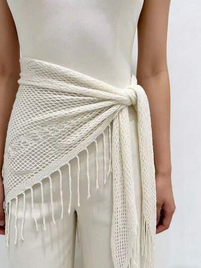 1pc Solid Color Knitted Hollow-Out Summer Silk Tassel Shawl, Casual Daily & Travel Outerwear For Women