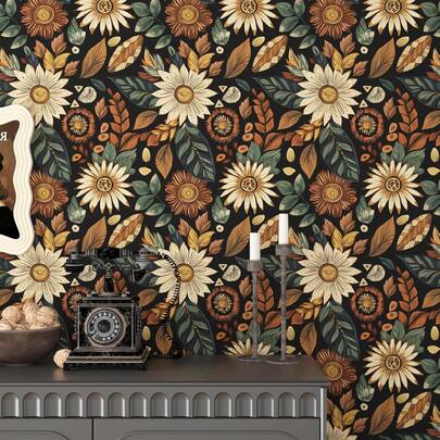 复古波西米亚风墙纸，可撕贴，黑棕/绿色花卉图案，复古植物壁纸，自粘可移除防水，适用于墙面、架子、橱柜、桌子装饰