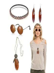 4-Piece Retro 60s Hippie Handmade Beaded Headpiece + Brown Glasses + Tassel Feather Earrings + Feather Necklace, 4-Piece Festival Party Costume, Bohemian Women's Role-Play Costume Accessories Masquerade Dress Set Small Gift. Halloween - Multicolor - View 2