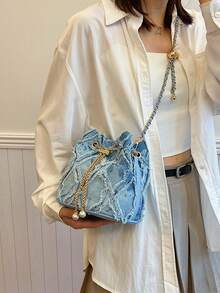 New Fashion Classic All-Match Solid Color Diamond Lattice Raw Edge Metal Drawstring Opening And Closing Design Shoulder Bucket Bag, Elegant Women's Wallet, Suitable For Shopping, Commuting To Work, Party GatheringsRandom Embroidery Patterns - Blue - View 3
