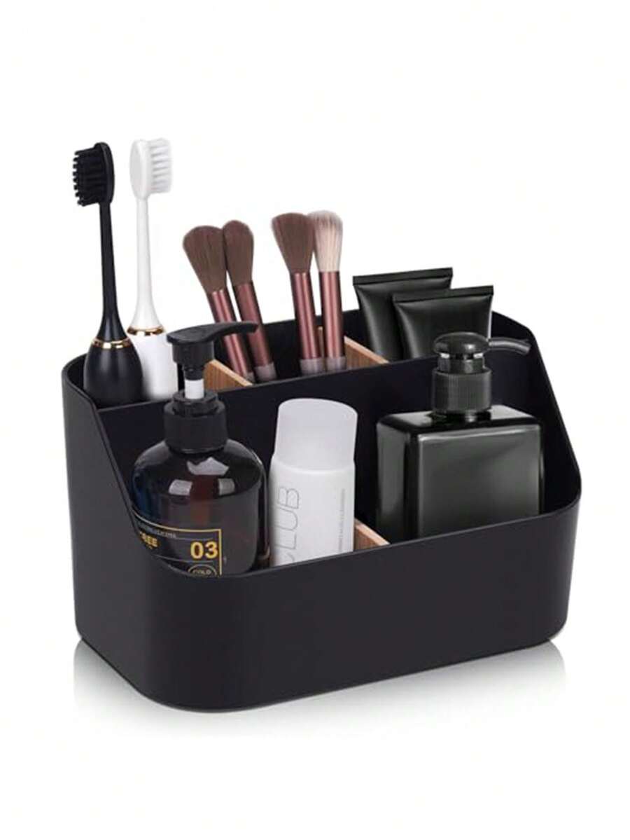 Black Electric Toothbrush Holder With Compartments - Fashionable Toothpaste & Accessory Bathroom Storage Rack, Freestanding Countertop Organizer