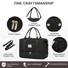 Bolsa de viaje, bolsa de viaje de fin de semana para mujer (con compartimento para zapatos), bolsa de mano para pasar la noche (con neceser), bolsa de gimnasio (con bolsa impermeable), bolsa de maternidad - Negro - Ver 5