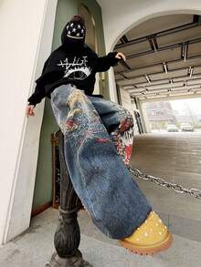 1 buah Celana Jeans Longgar Nyaman Model Lebar Motif Digital Biru Gaya Jalanan Amerika, Celana Denim Serbaguna untuk Semua Musim untuk Pria (Produk Tidak Termasuk Sabuk dan Aksesoris) - Biru - View 7