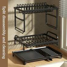 HanTai 2-Tier Dish Drying Rack, Space-Saving Carbon Steel Kitchen Drainer With Drainboard & Cup Holder, Multifunctional Organizer For Countertop - Stylish Black Design - View 9