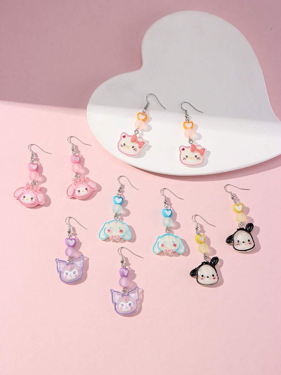 SANRIO 5 paia/set di orecchini pendenti con ciondolo a forma di gattino e perline a forma di cuore, adatti per feste, scuola, regali di compleanno per ragazze - Multicolore - Visualizzare 1