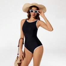 OMKAGI Women's High-Neck Tummy Control Shapewear Swimsuit  Backless Tie Strap Stylish Simple And Essential Summer One Piece Swimwear - 黑色 - 查看 10