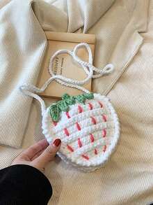 Cute Strawberry Knitted Pouch, Handmade Niche Design Woven Bag, Coin Crossbody Purse, Strawberry - 白色 - 查看 9