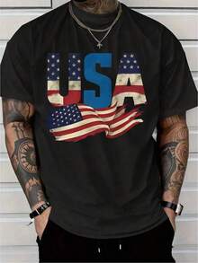 1pc 4th Of July Mens Clothes USA Flag Print Black TShirt, Unisex Casual Crew Neck Tshirt, Plus Size Men's Clothing 5XL, Lightweight 180gsm Knit Fabric, Machine Washable, For Spring/Summer/Fall, Independence Day, Labor Day, Veterans Day - 黑色 - 查看 1