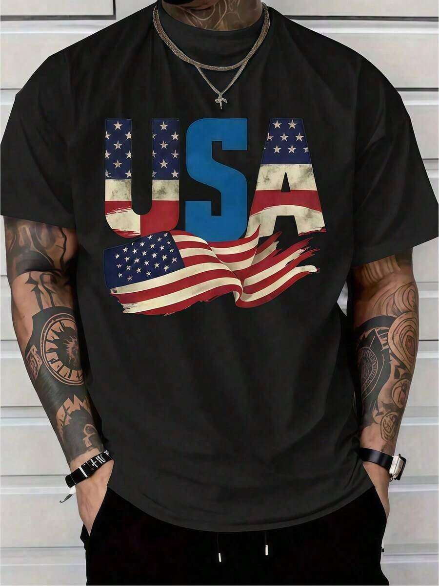 1pc 4th Of July Mens Clothes USA Flag Print Black TShirt, Unisex Casual Crew Neck Tshirt, Plus Size Men's Clothing 5XL, Lightweight 180gsm Knit Fabric, Machine Washable, For Spring/Summer/Fall, Independence Day, Labor Day, Veterans Day - 黑色 - 查看 1