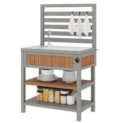 Garden Cabinet With Water Basin & Tap And Integrated Bottle Opener – Weatherproof Tool Cabinet With Large Work Surface & Drawer, Grill Station With Adjustable Shelves, Outdoor Kitchen Cabinet