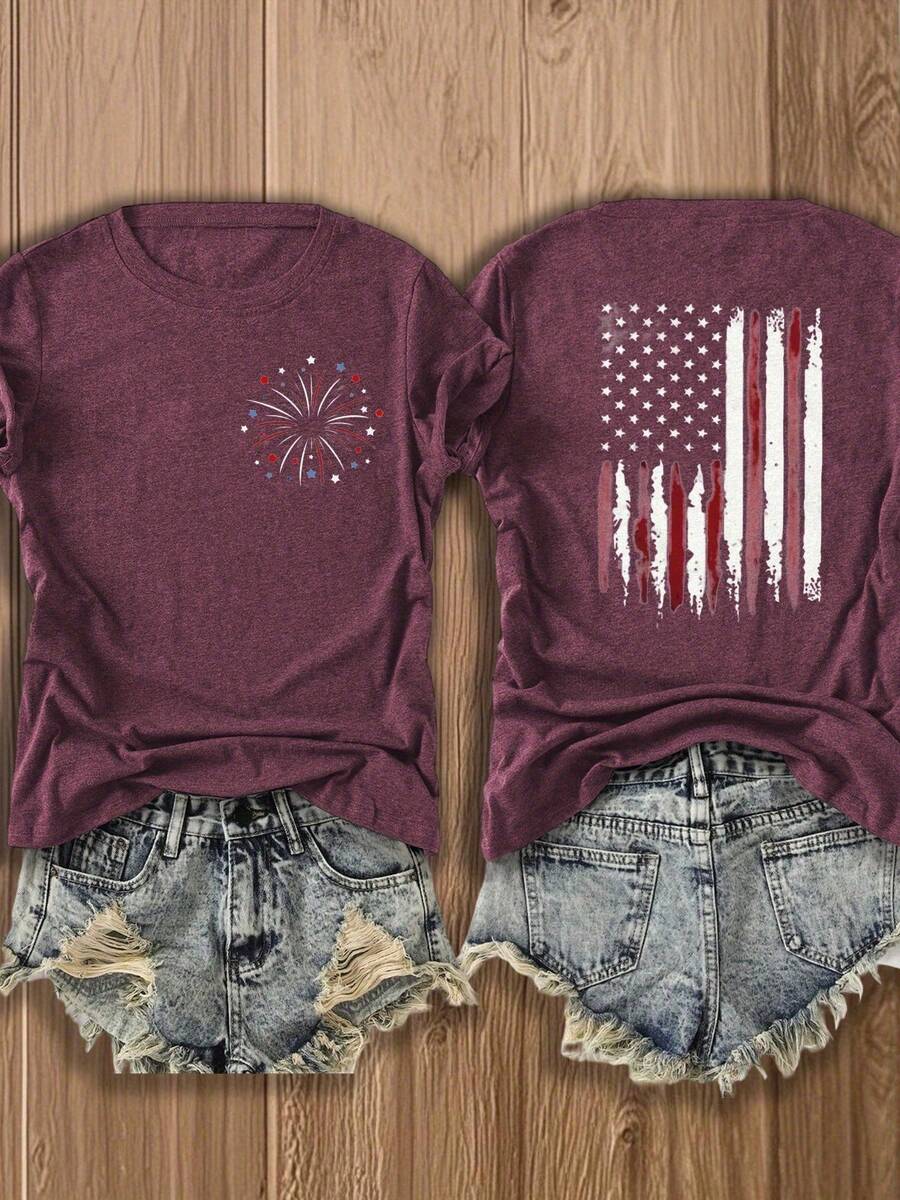 Women's Patriotic Fireworks & American Flag Print T-Shirt, Double-Sided Design, Perfect For 4th Of July Celebrations, Casual Fashion Graphic Tee, Festival Outfit, Soft Cotton Blend - 酒紅色 - 查看 1