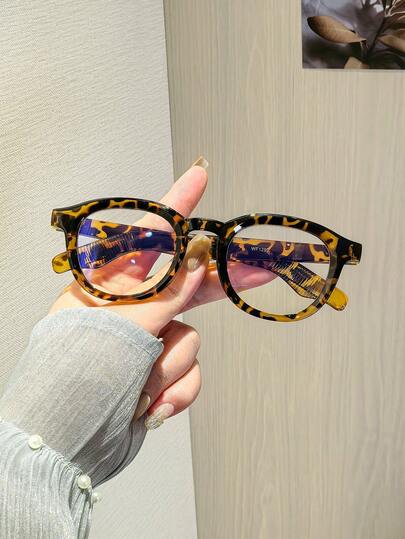 1副女士复古圆形眼镜框，玳瑁色和黑色，轻质聚碳酸酯镜框，透明镜片，适合办公佩戴，附眼镜盒