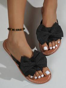 Breezelady Women's Flat Bow Thong Sandals, Elegant And Comfortable Flat Casual Beach Slippers For Summer - 黑色 - 查看 10