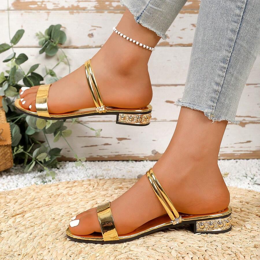 Giày sandal xỏ ngón đính đá, gót thấp, hở mũi, thời trang đi nghỉ mát dành cho nữ. - Vàng - Xem 1