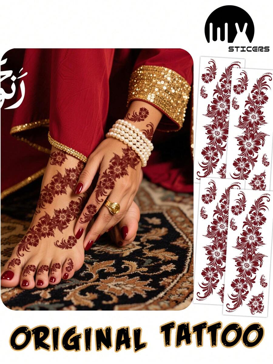 4 件/套手花图案棕红色栗色性感脚手指纹身贴纸，女性花卉美甲防水临时纹身，棕色纹身贴纸适用于女性身体艺术、婚礼派对