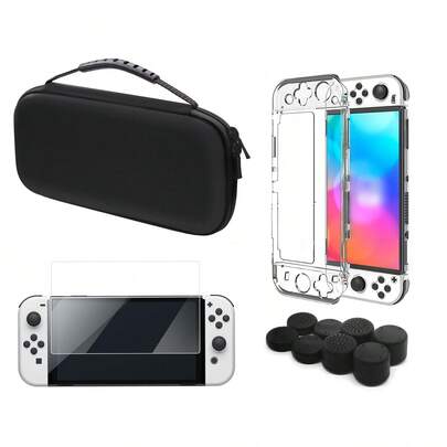 1 Set Including: 1pc Switch OLED Console Carrying Case, 1pc PC Host Protective Shell, 4pcs PC Controller Shells, 1pc Tempered Glass Screen Protector, 8pcs Joystick Cap Covers. Comprehensive Protection Against Drop, Explosion, Slip, Dust And Scratch, Convenient For Outdoor Carrying And Accessory Storage, Enhancing Gaming Experience