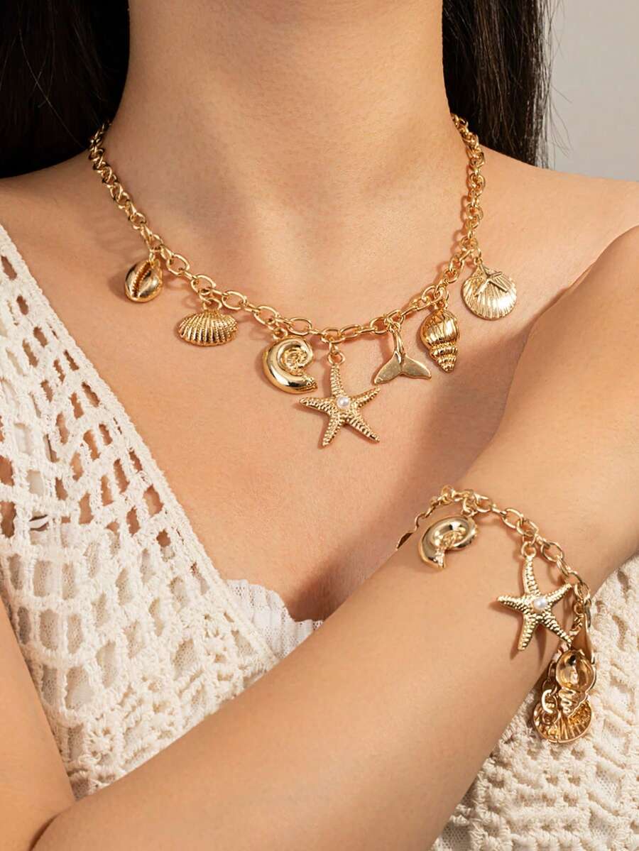 一套两件波西米亚风沙滩度假合金海星贝壳美人鱼流苏可调节手链和项链首饰套装，适合度假和日常佩戴 - 彩色 - 查看 1