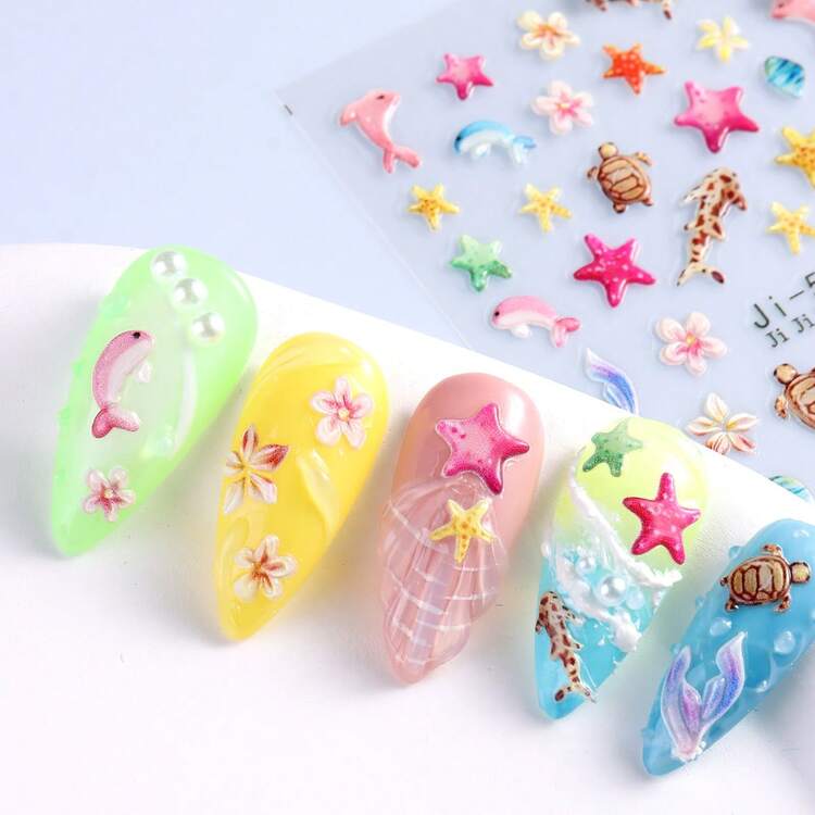 春夏5D立体浮雕美甲贴纸，海洋主题，包含贝壳、海星、水母、鲨鱼和海龟等图案，是夏季美甲和指甲彩绘的完美之选。 - 彩色 - 查看 6