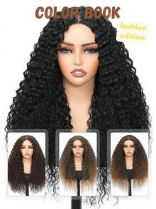 无胶卷发假发，预剪黑色卷发合成蕾丝前假发，26英寸，4x1中分蕾丝闭合假发，升级版，采用类似纤维，黑色深波浪假发，女士款 - 彩色 - 查看 8