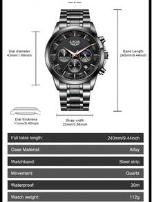 LIGE Men's High-End Watch Waterproof Luminous Quartz Watch Stainless Steel Strap Unique Dial Design Fashionable Men's Watch - Black - View 6